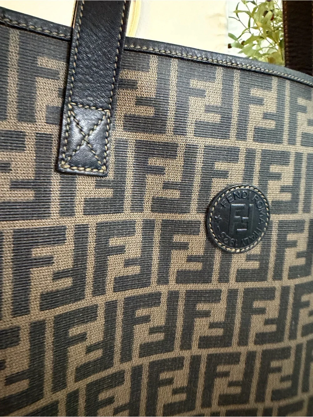 Fendi Brown FF Canvas Tote Bag with Black Leather Straps. Free COA.